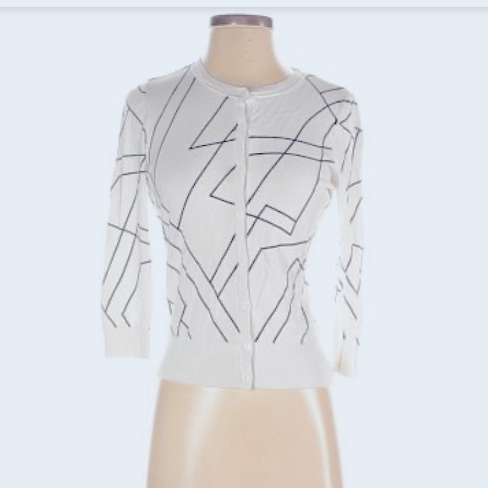 Halogen White Cardigan Geometric Black Line Design